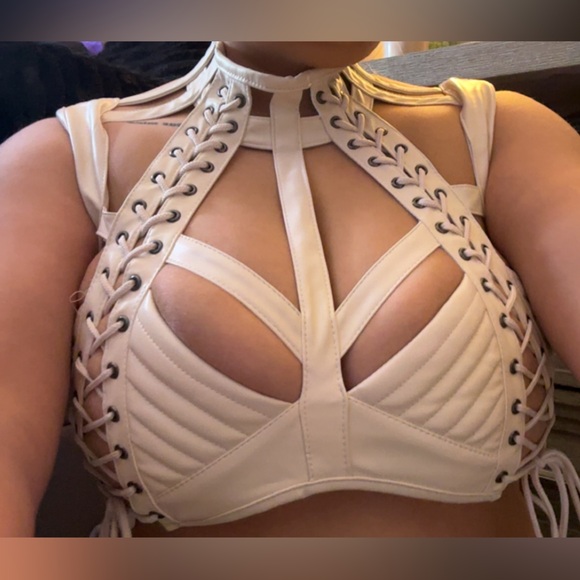 Dolls Kill Tops - NWT Cream Faux Leather Lace-Up Corset Top | Strappy Bustier